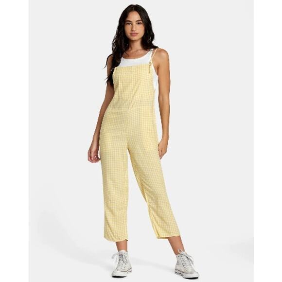 RVCA Pants - RVCA Women’s Yellow Gingham WideLeg Overalls Size M Cottagecore Picnic Coastal